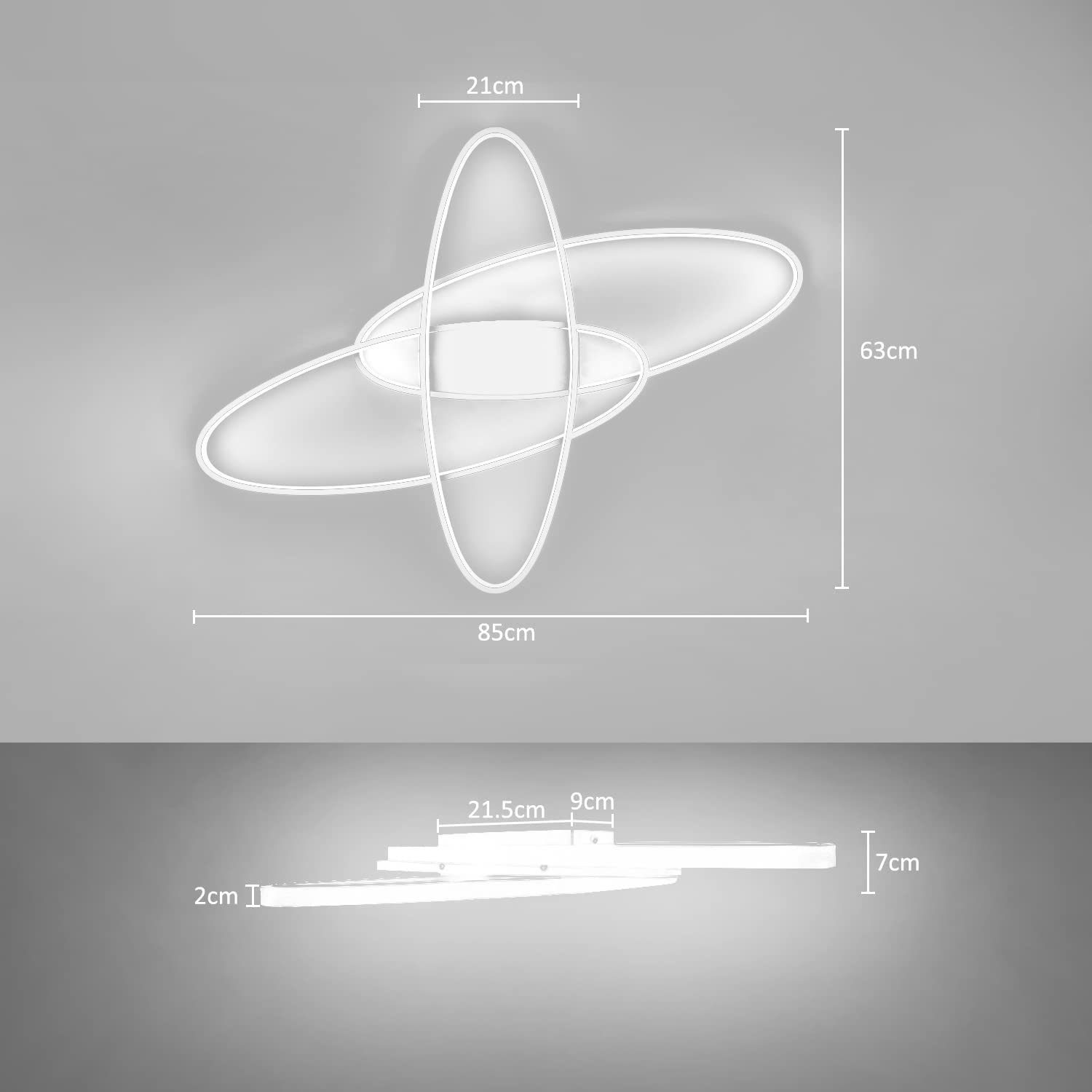 Lampada da soffitto a forma ovale con dimensioni, che mostra una vista dall'alto e laterale.