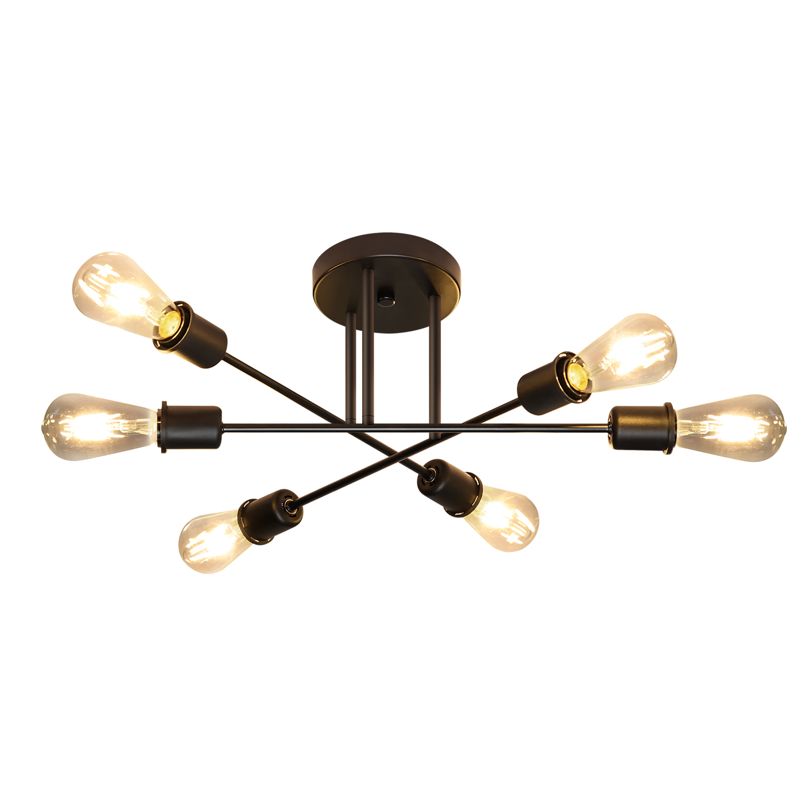 Plafoniera nera con sei lampadine visibili. Le lampadine sono visibili, il supporto a forma di croce.