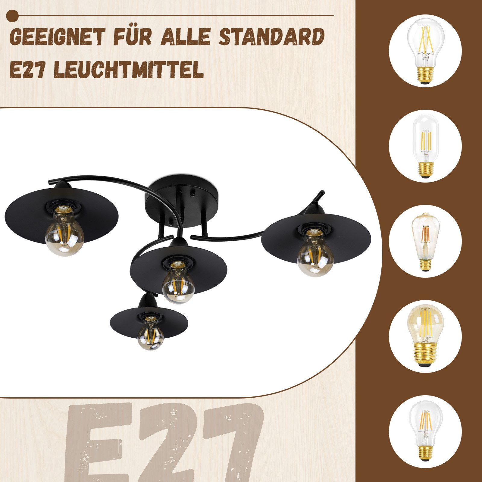 Lampada da soffitto nera con quattro luci, con testo 'Geeignet für alle standard E27 Leuchtmittel'.