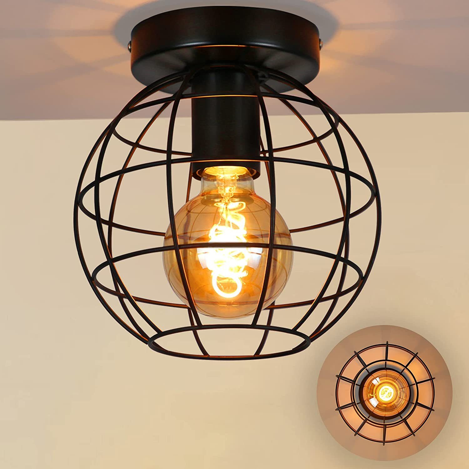 Una plafoniera nera con una gabbia sferica attorno a una lampadina. La lampadina brilla intensamente. Viene mostrata anche un'immagine più piccola della luce.
