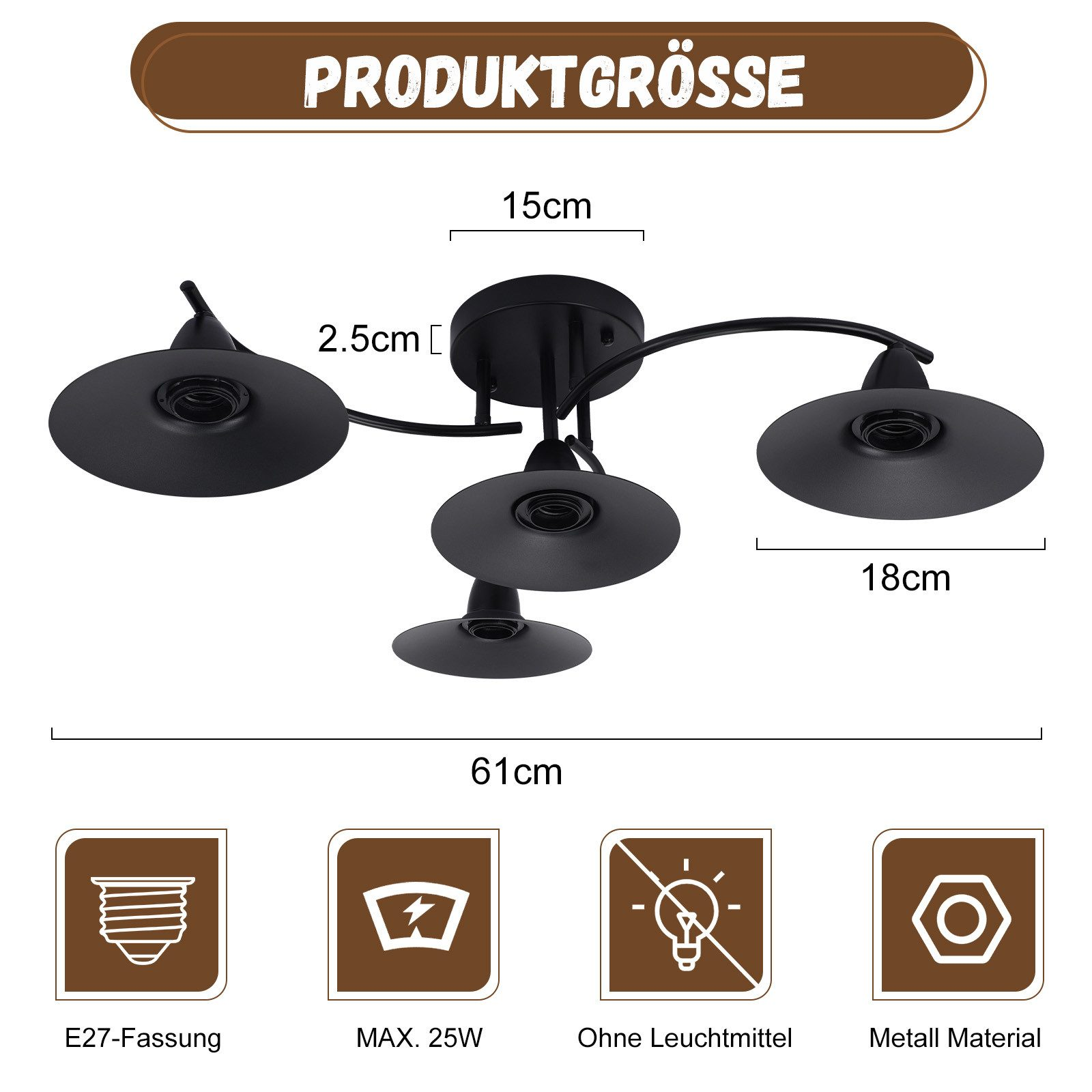 Un apparecchio di illuminazione a soffitto nero. Ha 4 luci, con dimensioni indicate. Attacco E27 e materiale metallico.