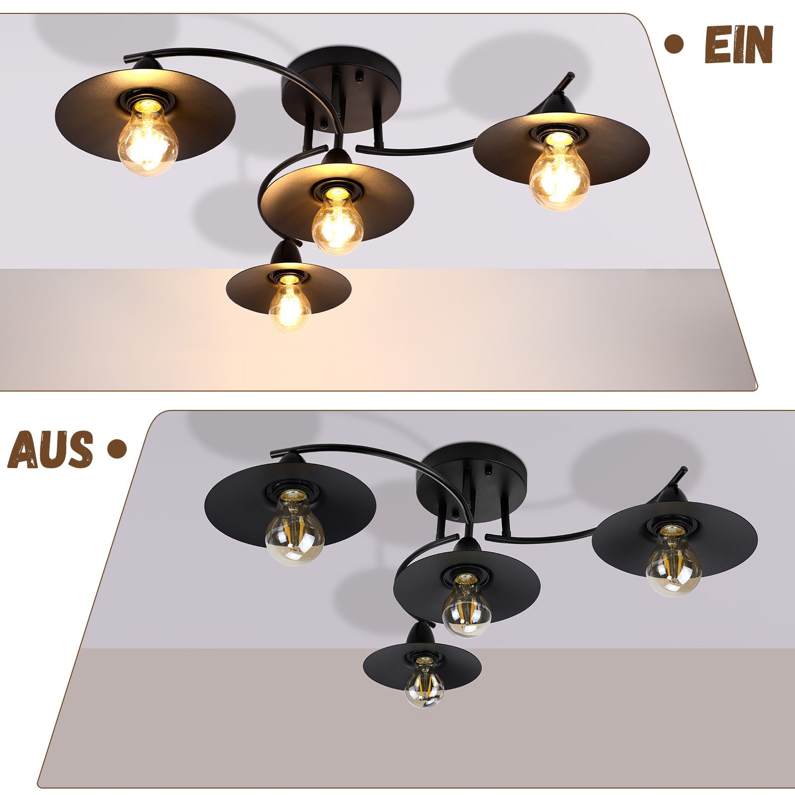 Due immagini di una lampada da soffitto nera con cinque lampadine. La prima mostra le luci accese, la seconda spente.