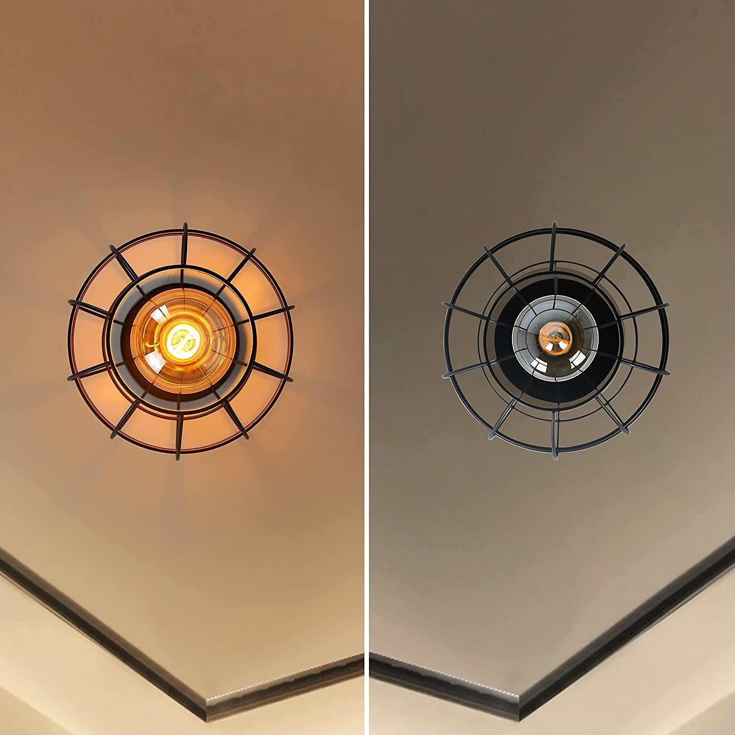 Due riprese dall'alto di lampade a sospensione con un design a gabbia e lampadine visibili. Le luci pendono da un soffitto beige.