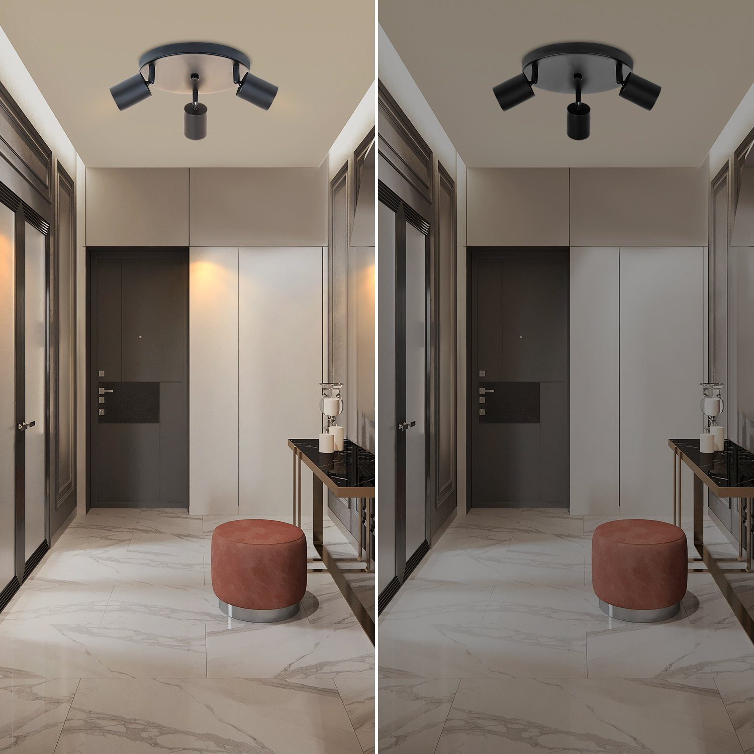Corridoio con un apparecchio di illuminazione a soffitto, che mostra due modalità di illuminazione, giorno e notte.