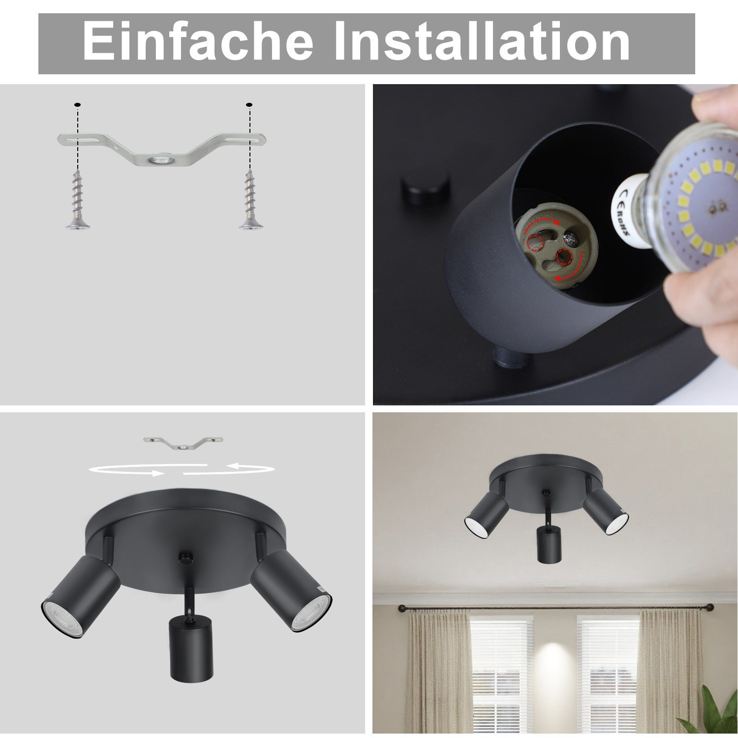 Fasi di installazione per una plafoniera. Include staffa di montaggio, viti e installazione della lampadina.