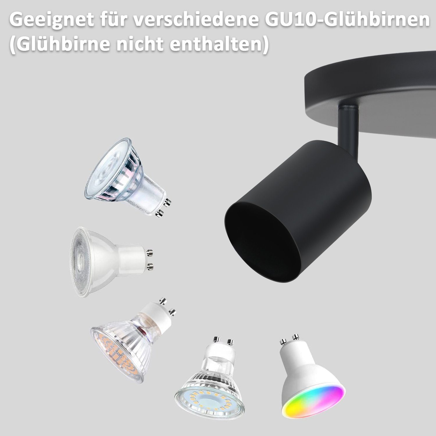 Opzioni lampadine GU10 vicino a un faretto nero.