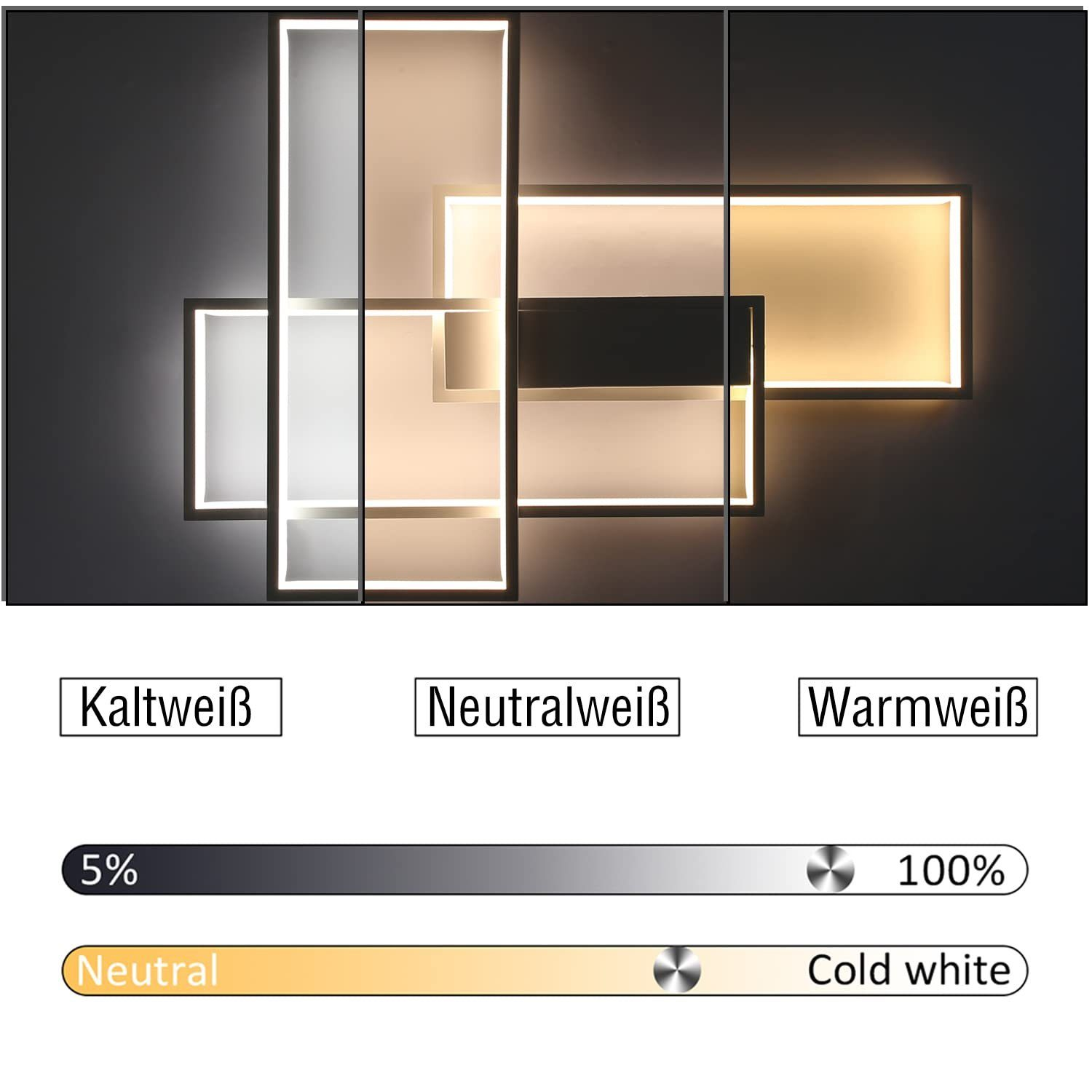 Una lampada da parete con un design rettangolare. Vengono mostrate tre opzioni di colore: bianco freddo, bianco neutro e bianco caldo.