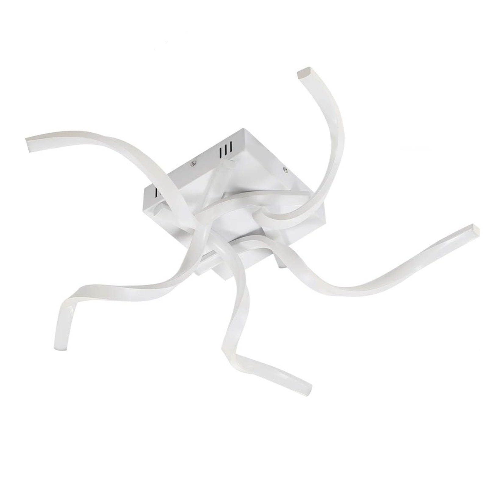 Lampada da soffitto bianca. Ha una base quadrata e bracci curvi.