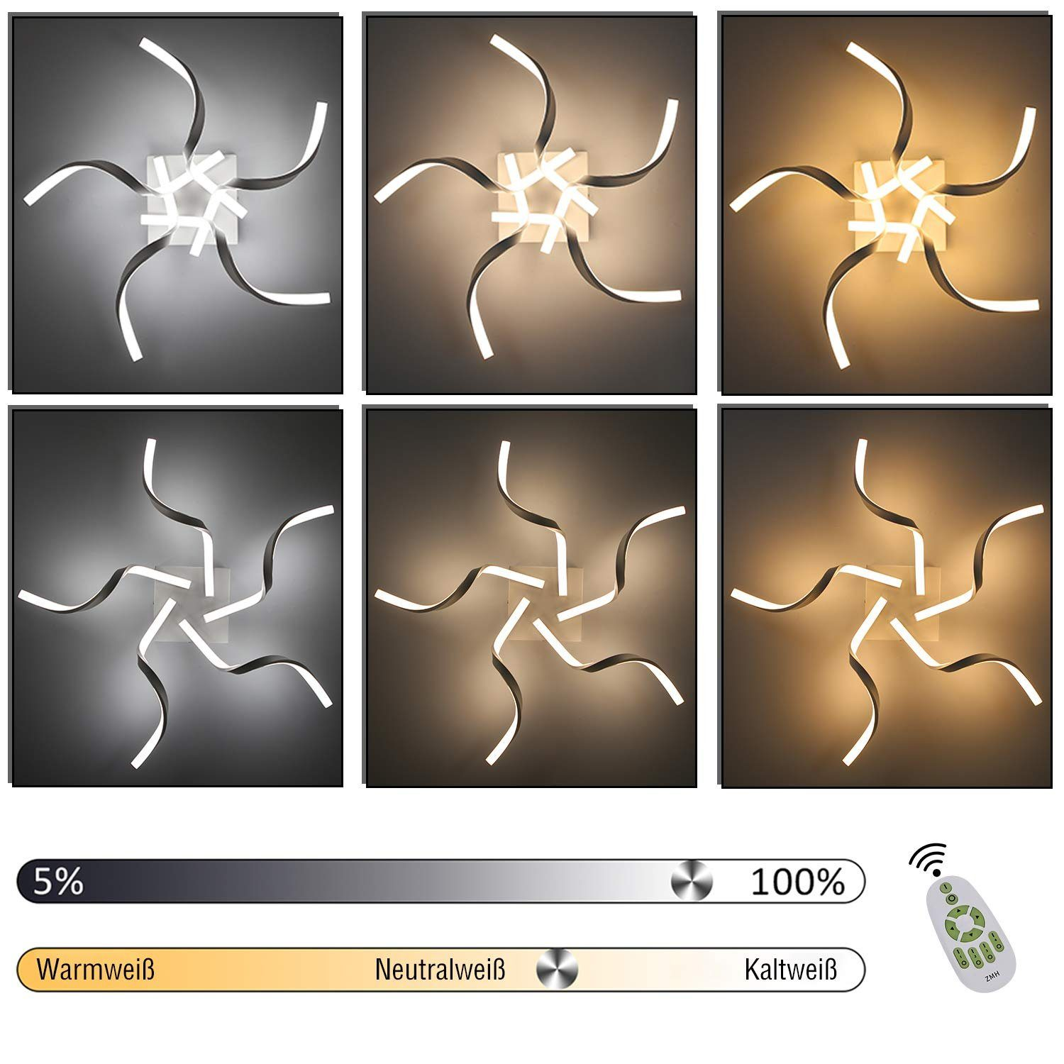 Sei immagini che mostrano una luce da soffitto con diverse temperature di colore. 5% a 100%, con telecomando.