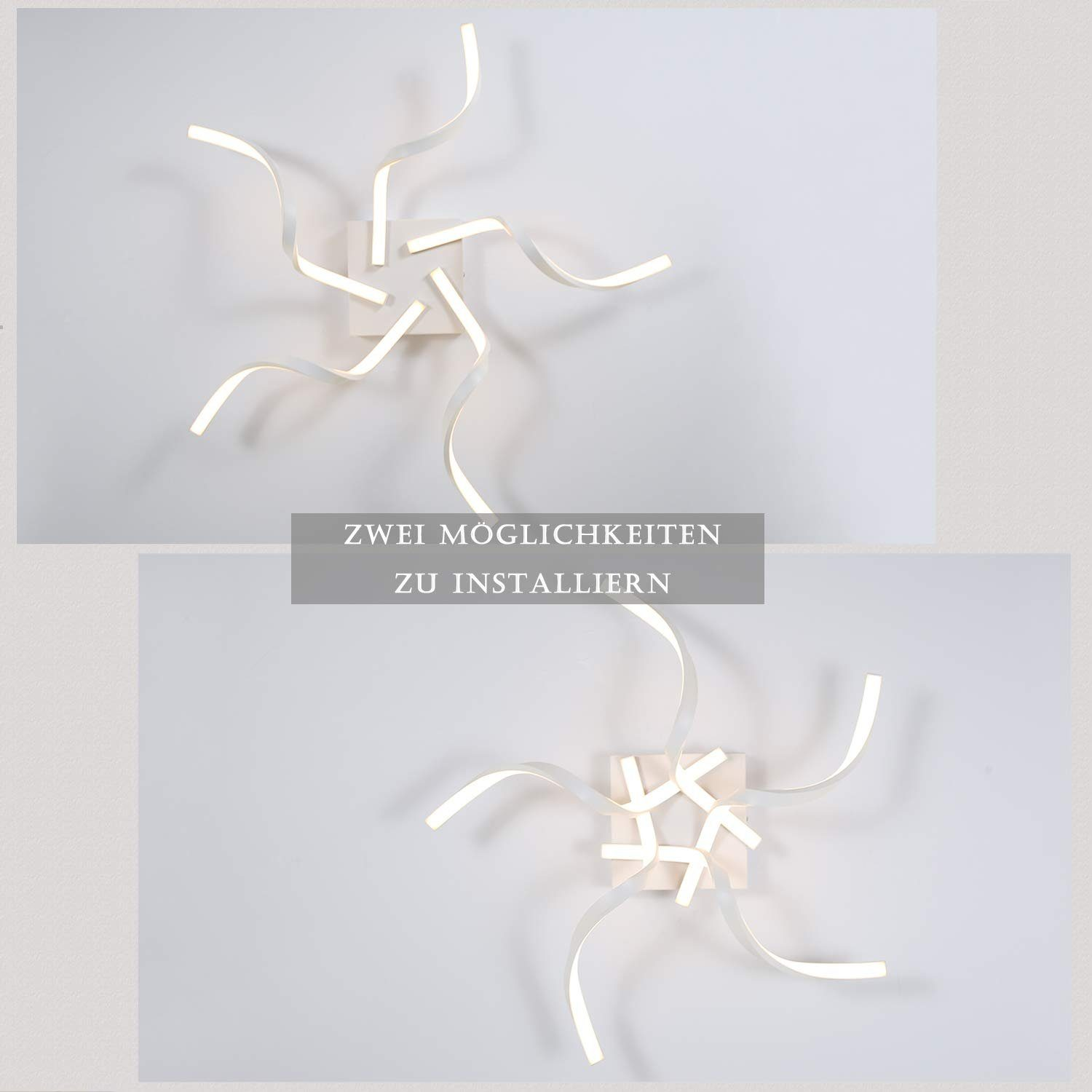Lampada da soffitto moderna con design astratto, vengono mostrate due opzioni di installazione.