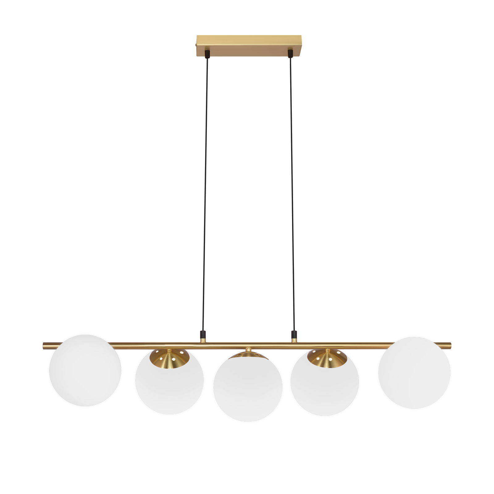 Un lampadario color oro con cinque luci a globo bianche appese a un'asta.