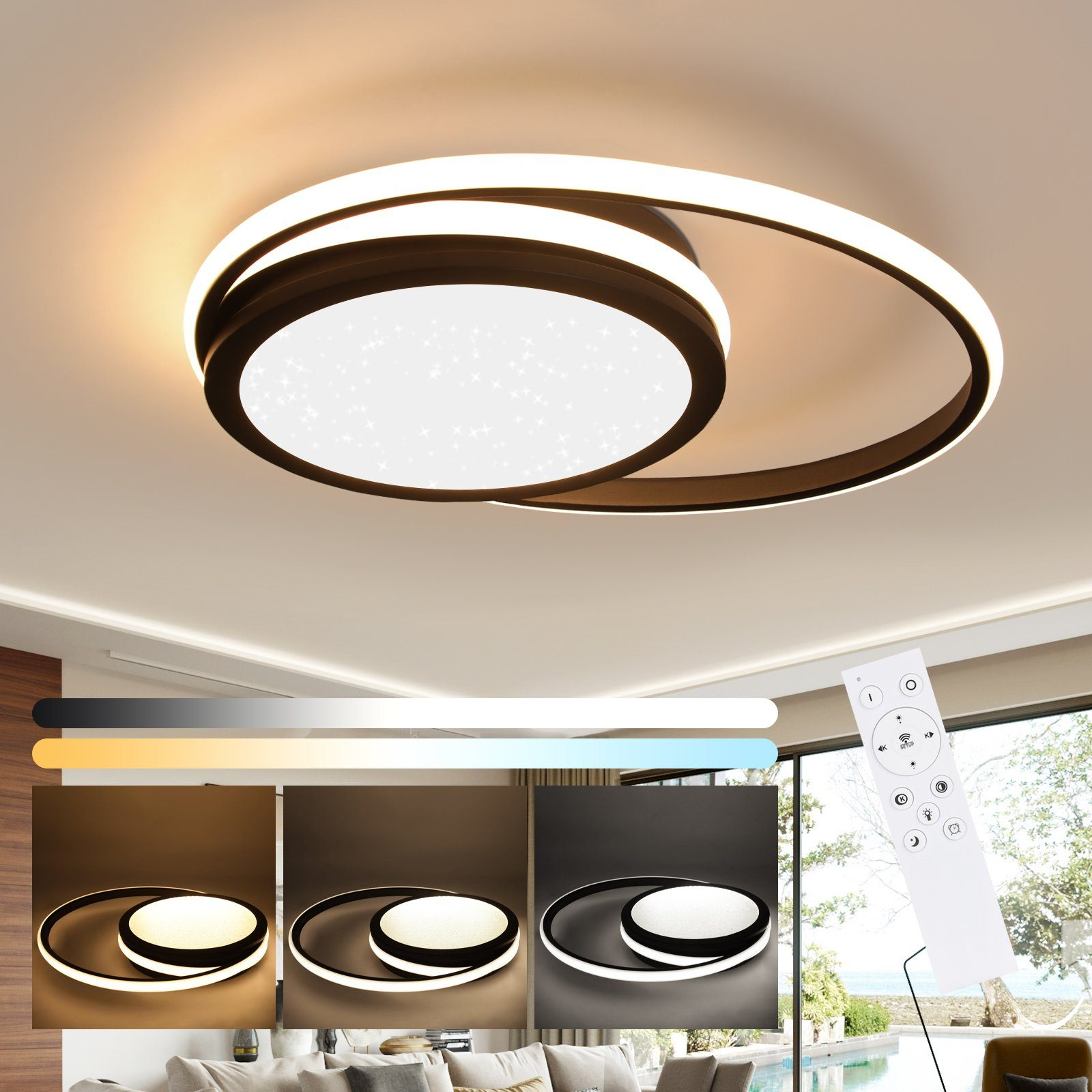 Lampada da soffitto moderna con un design a spirale e un telecomando con diverse temperature di colore.