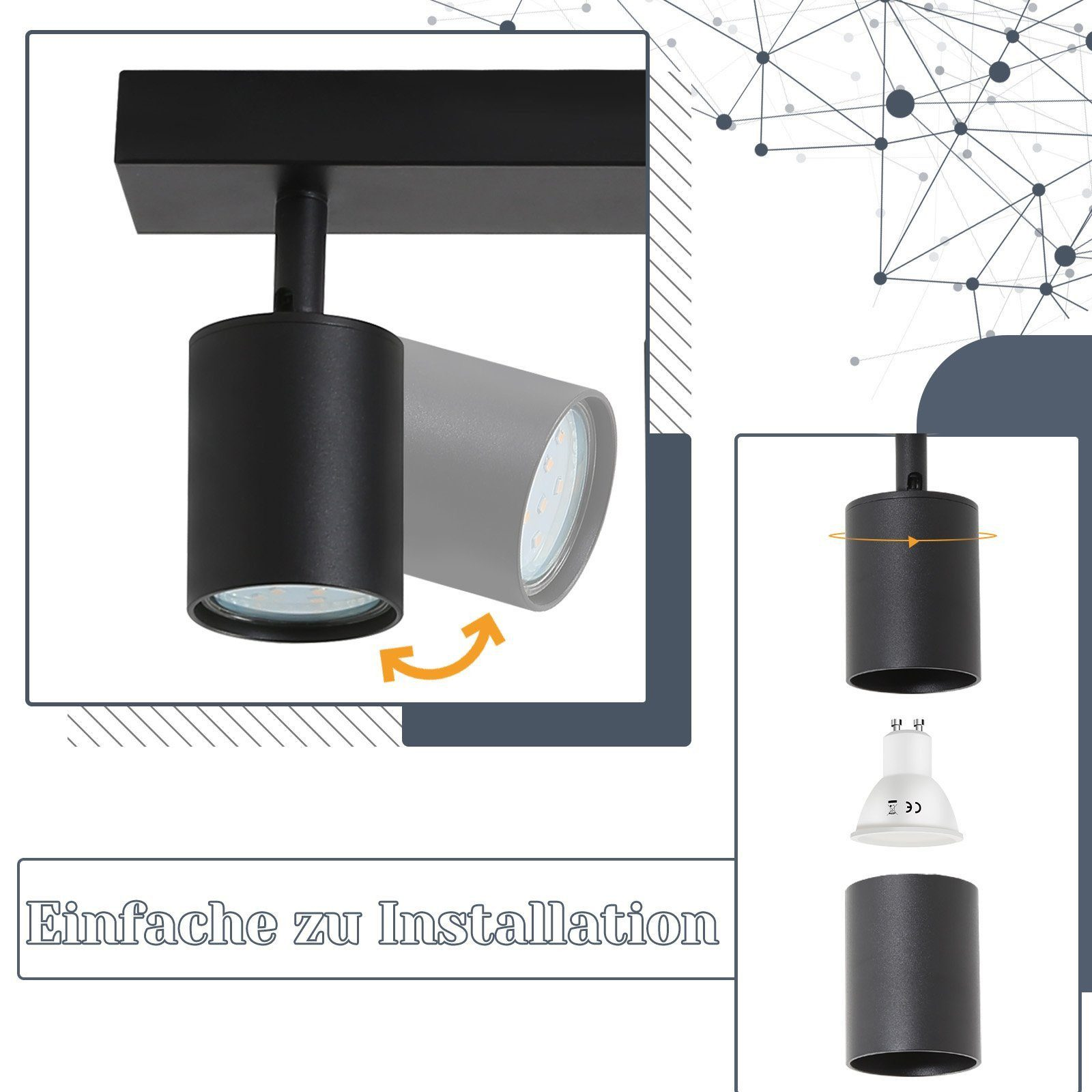 Faretto nero con testa girevole. Mostra come installare una lampadina.