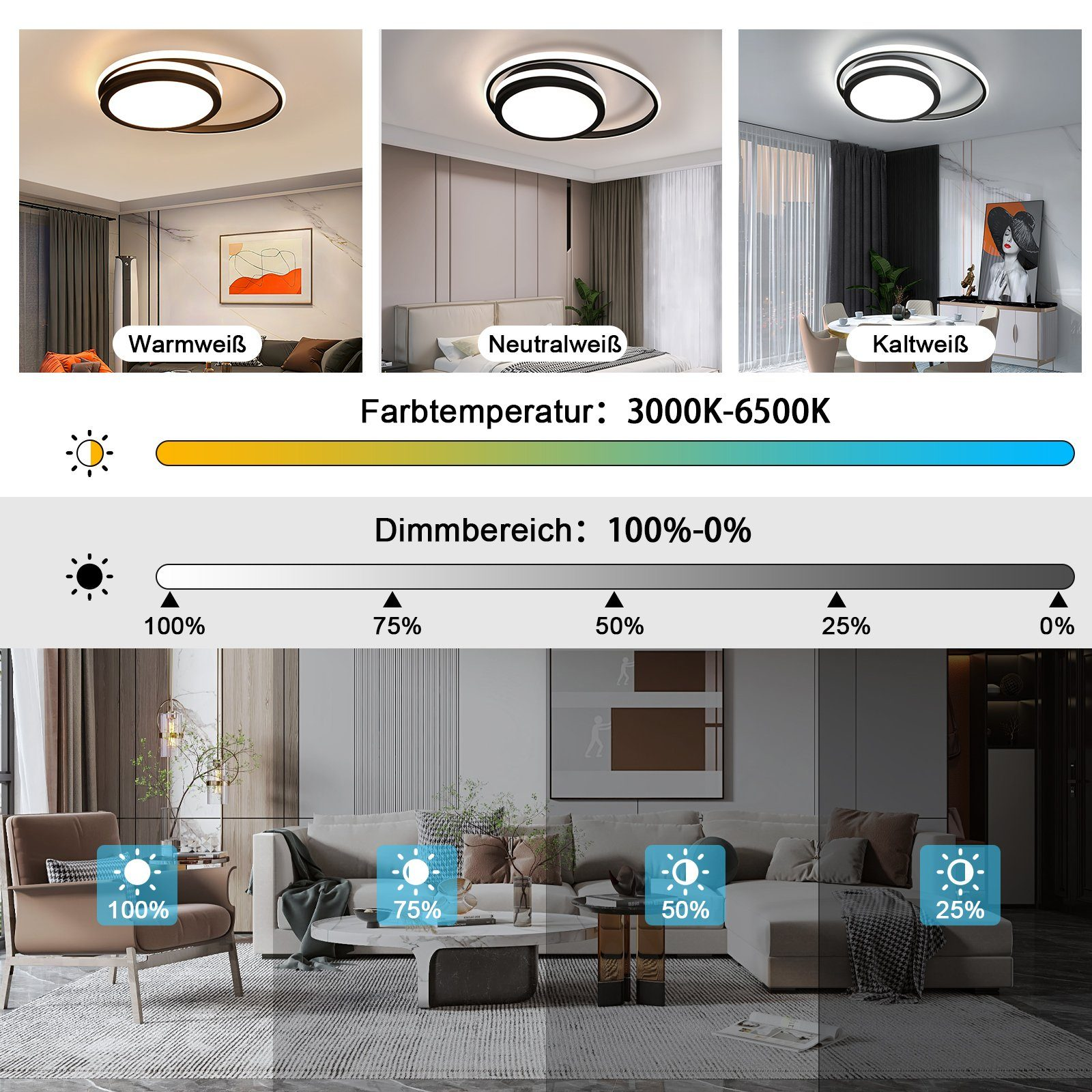 Tre immagini di una luce a soffitto con impostazioni di colore e luminosità regolabili su una stanza.