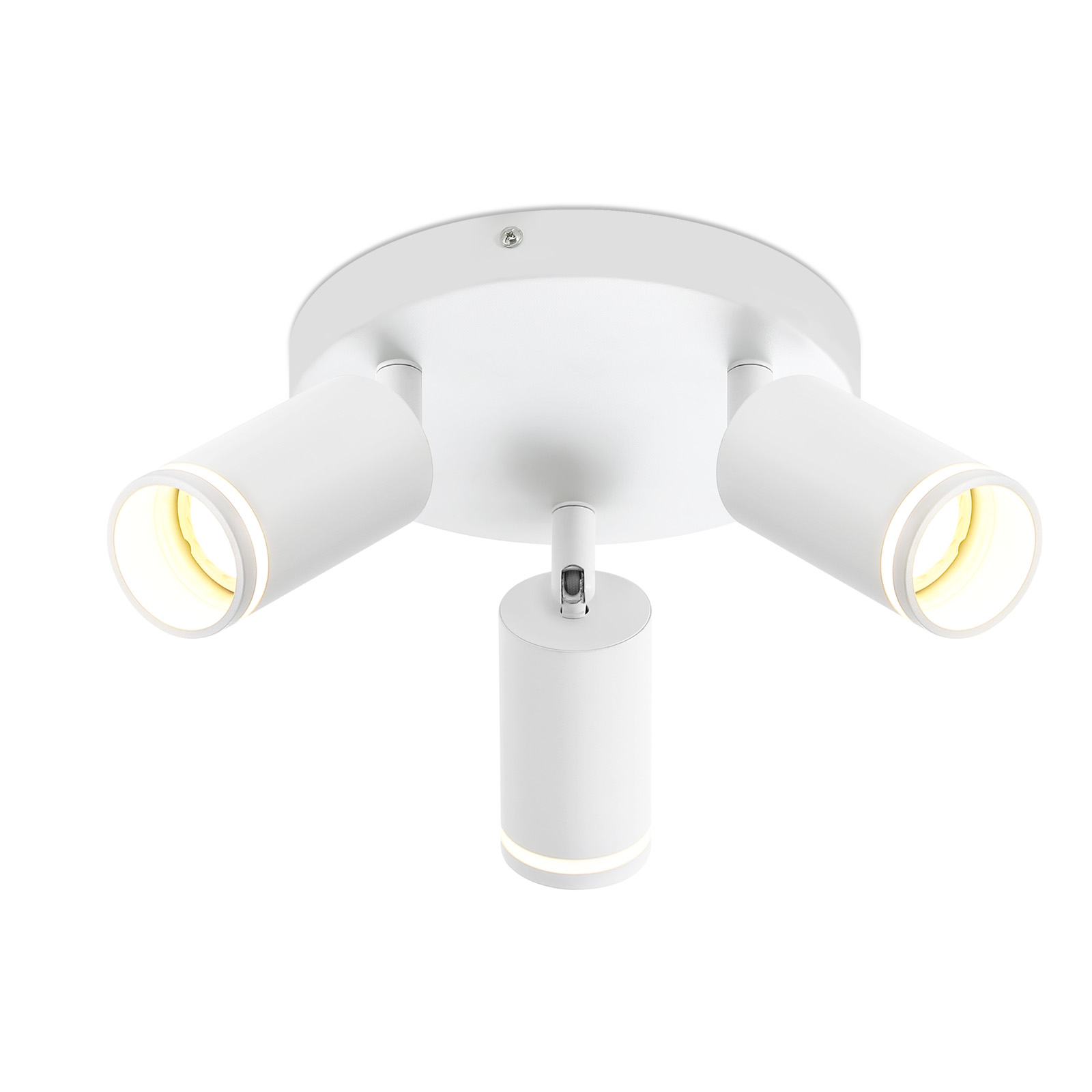 Lampada da soffitto bianca con tre faretti rivolti verso il basso. Sfondo bianco.