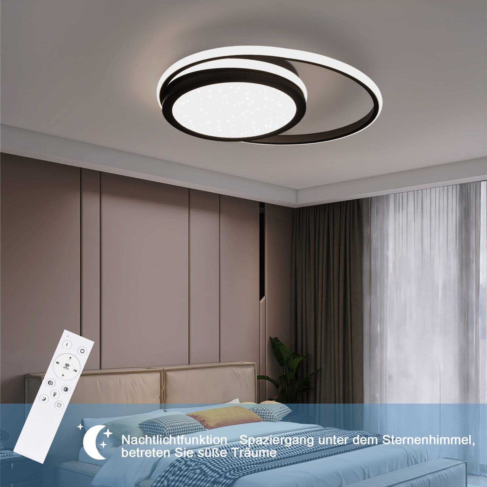 Un moderno apparecchio per illuminazione a soffitto in una camera da letto. C'è un telecomando in primo piano.
