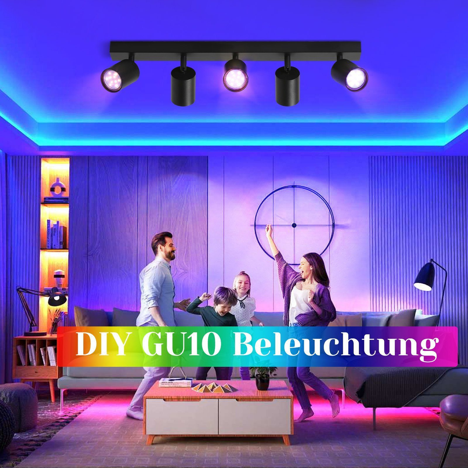 Una famiglia in una stanza con luci GU10 che cambiano colore. Le luci sono su una barra nera.