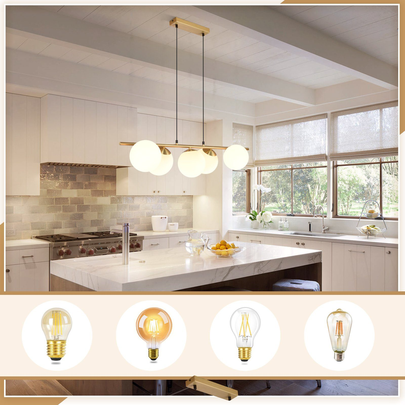 Cucina con piano di lavoro bianco, lampada a sospensione e quattro opzioni di lampadine sotto.