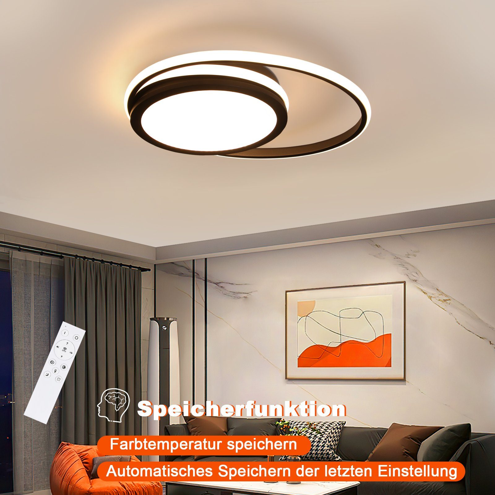 Una moderna plafoniera con un design circolare. Viene mostrato un telecomando. Un divano e un dipinto sono sullo sfondo.