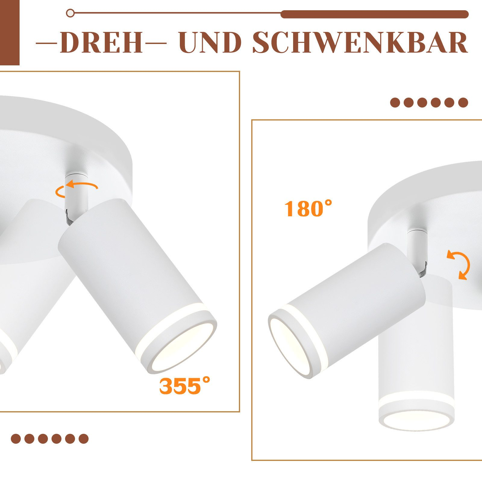 Biały reflektor sufitowy z regulowanymi głowicami, oznaczony obrotem 355° i 180°.