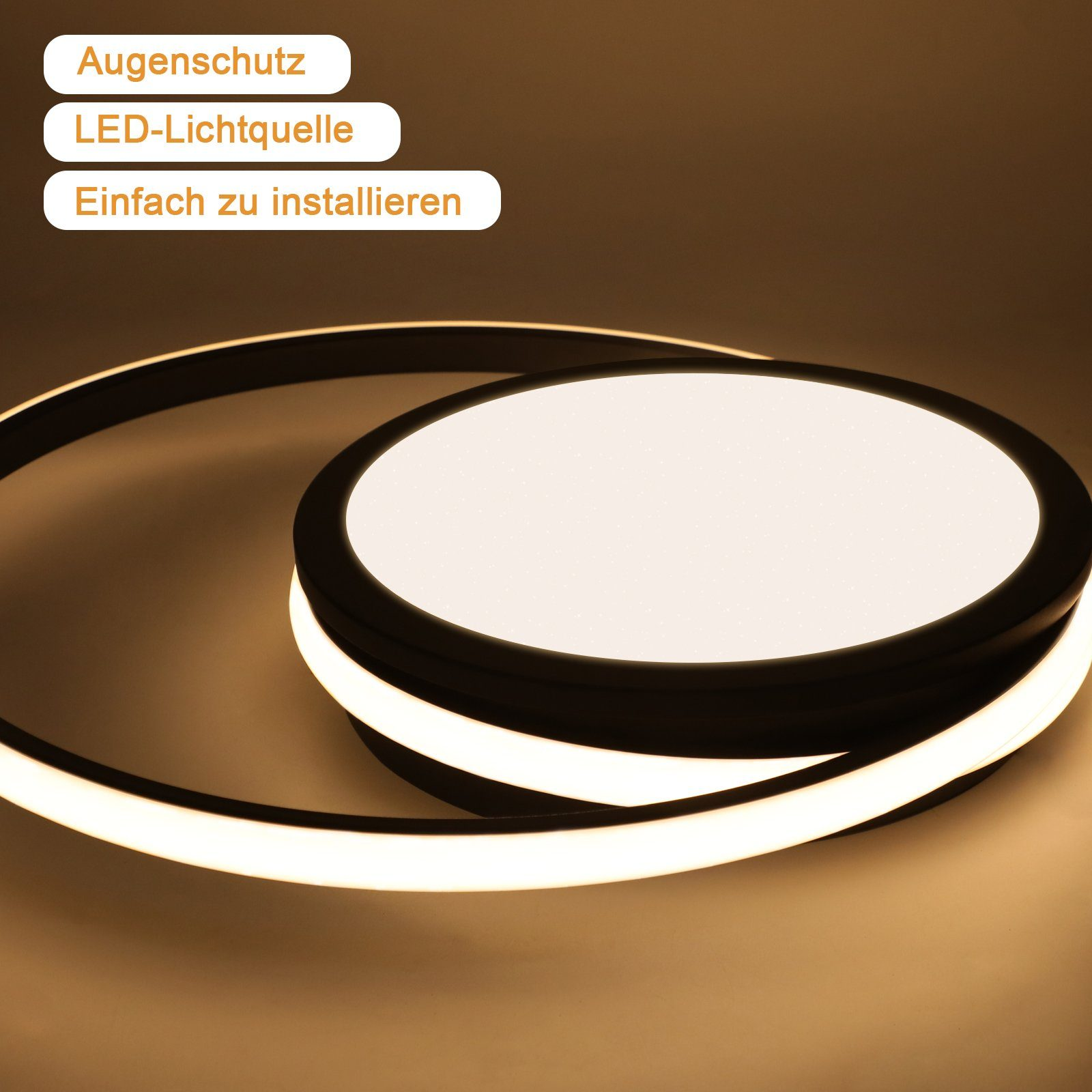 Una moderna lampada da soffitto in bianco e nero, con testo: Protezione degli occhi, sorgente luminosa a LED, facile da installare.