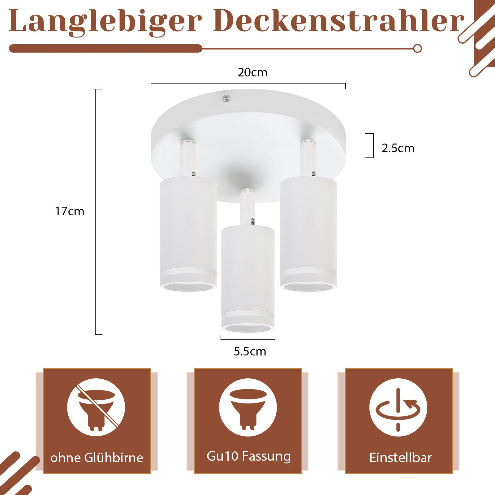 Biała lampa sufitowa z trzema reflektorami, z wymiarami i tekstem.