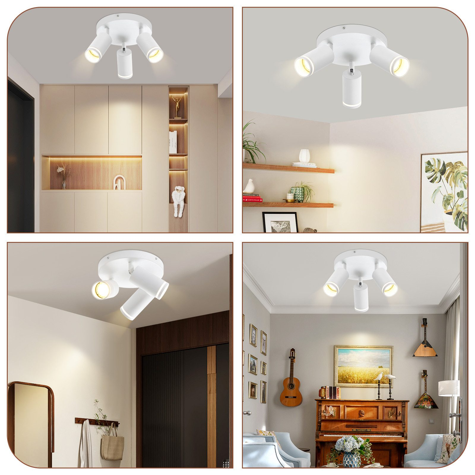 Immagini multiple di una lampada da soffitto bianca e moderna con tre faretti orientabili.
