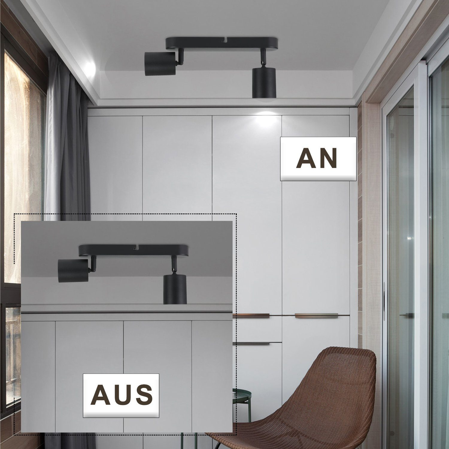 Apparecchio di illuminazione a binario nero regolabile su un soffitto bianco, con armadi.