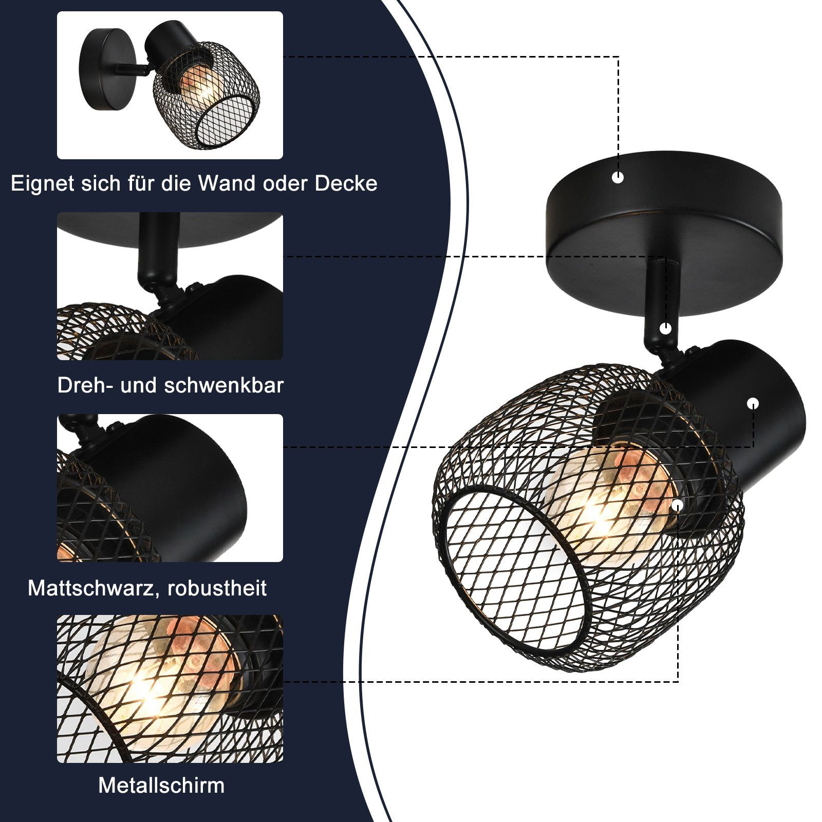 Faretti in metallo nero con etichette. Mostra un primo piano della lampada e delle sue caratteristiche.