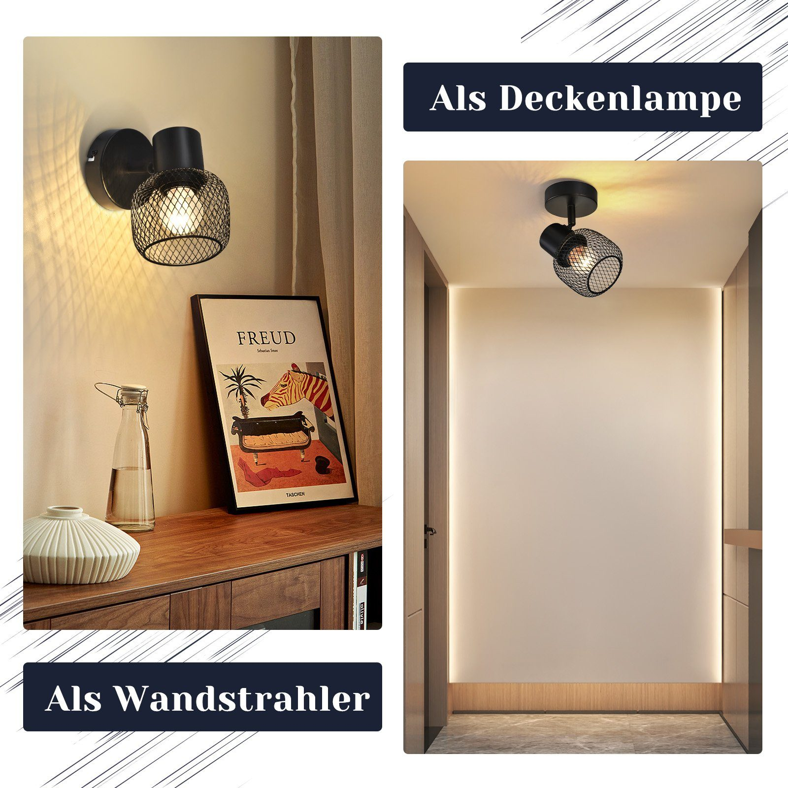 Due immagini: lampade a rete nere. Una a parete, l'altra a soffitto. Testo: Lampada da parete, lampada da soffitto.