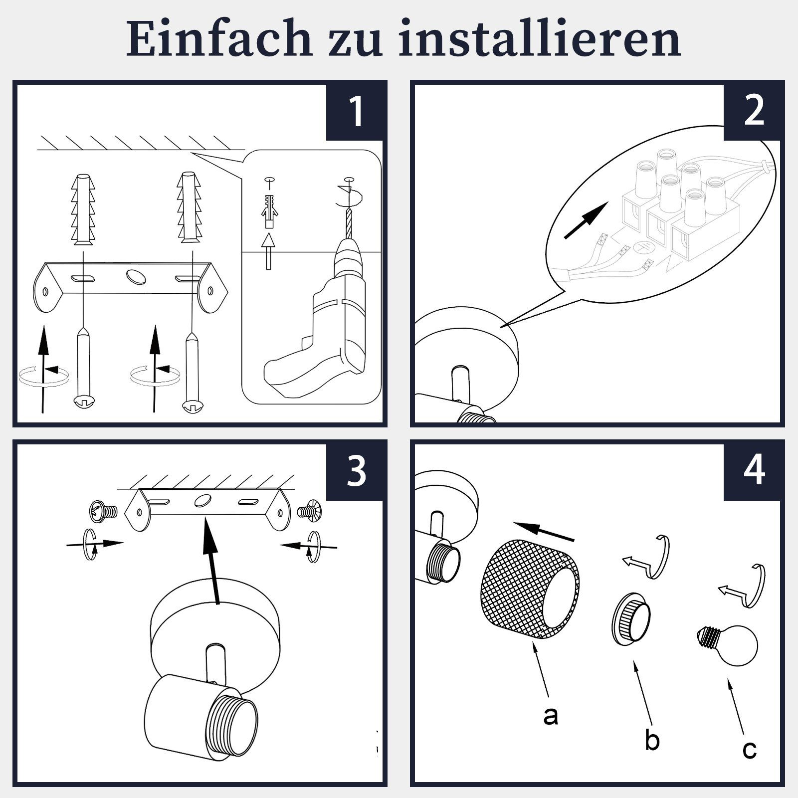 Fasi di installazione di un apparecchio di illuminazione circolare. Include il fissaggio della base, il cablaggio e l'installazione della lampadina.