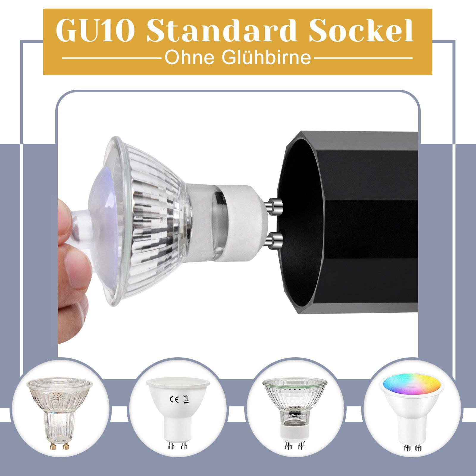 Attacco standard GU10 con diverse lampadine, una tenuta in mano.