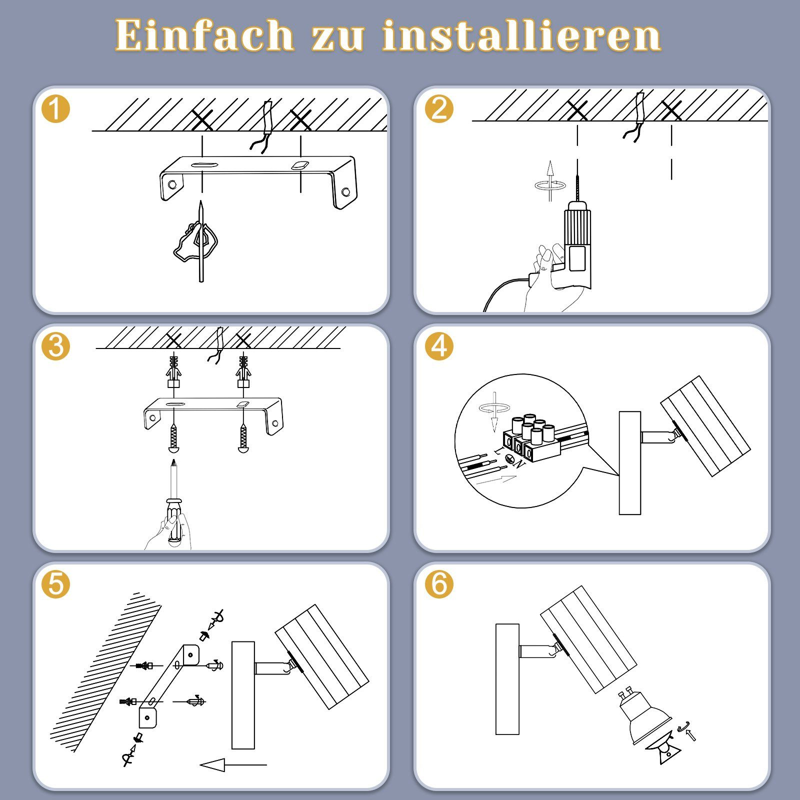 Sechs Schritte zur Installation eines Strahlers. Schrauben, Bohren und Verkabelung werden gezeigt.