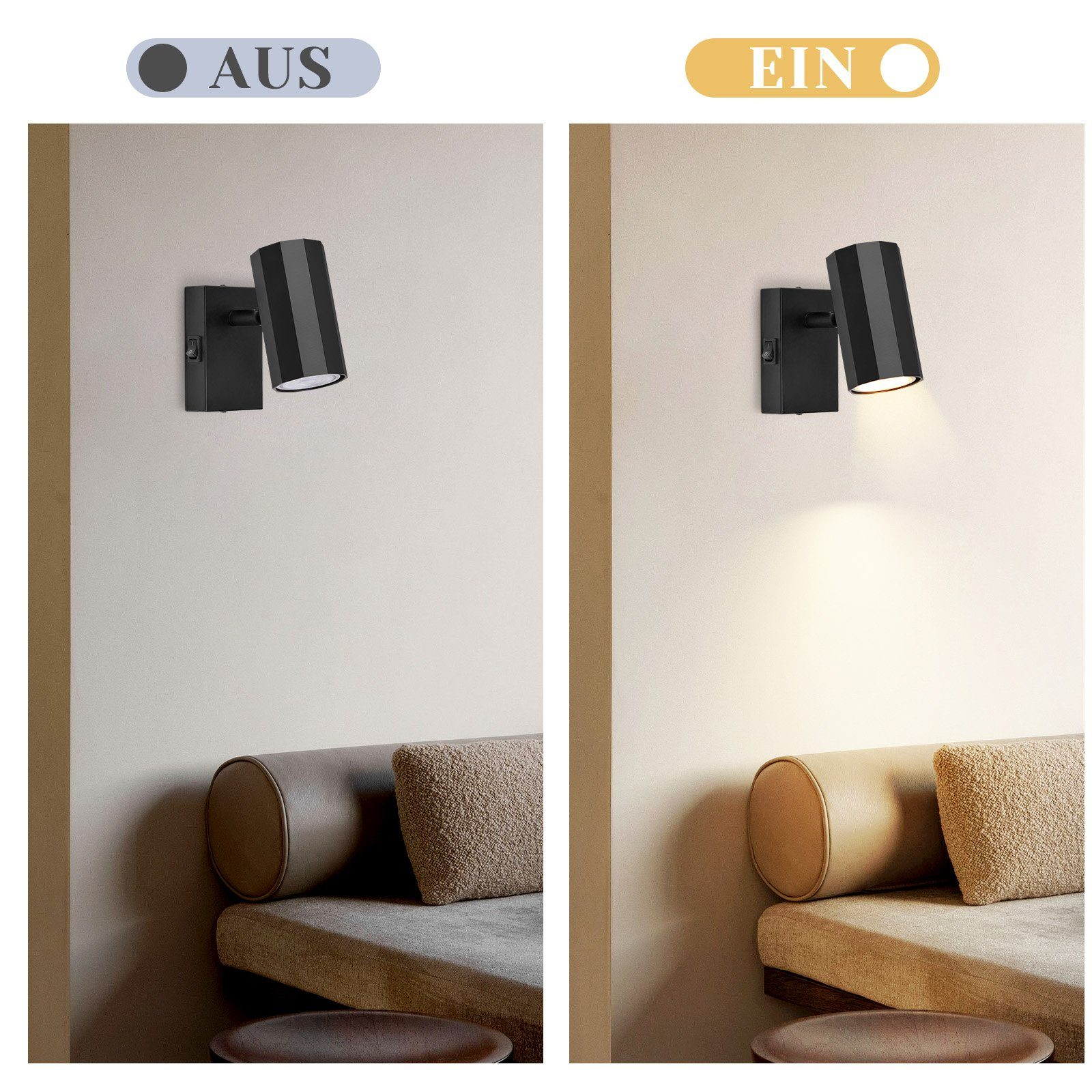 Due immagini mostrano una lampada da parete nera, accesa e spenta. Lo sfondo è una parete beige e un divano marrone.