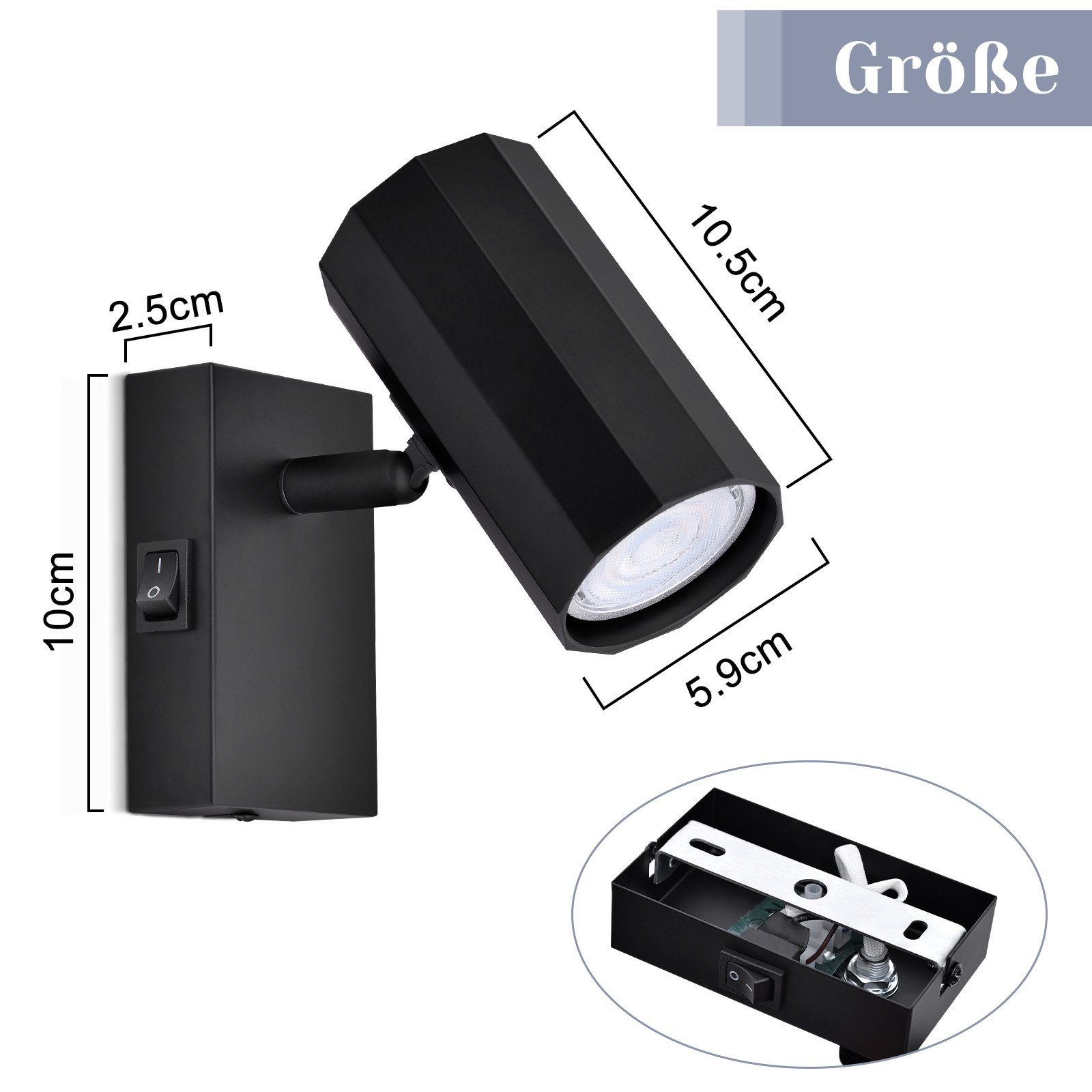 Una luce nera montata a parete con misure. È accanto a un interruttore e all'hardware di montaggio.