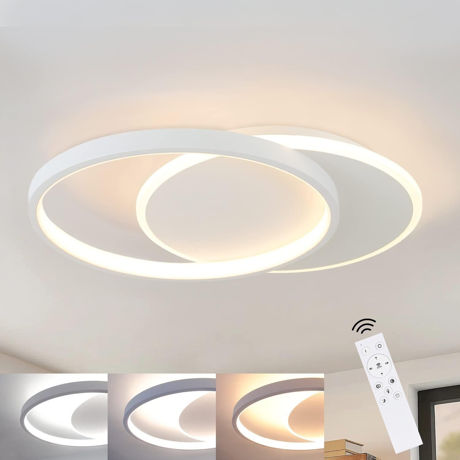 Lampada da soffitto circolare bianca con telecomando. Quattro impostazioni di luce. Il soffitto è bianco.
