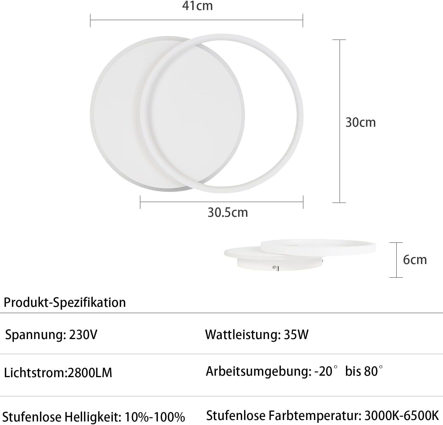 Lampada da soffitto bianca con dimensioni: 41cm, 30cm, 30,5cm e 6cm di altezza. Vengono inoltre visualizzate le specifiche.