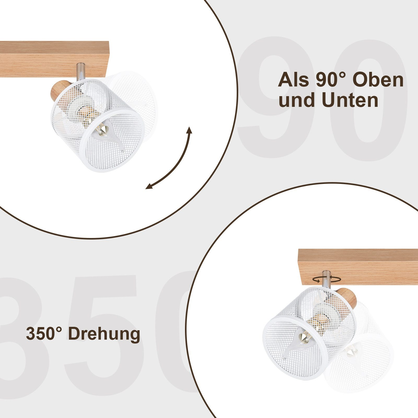 Białe i drewniane reflektory z obrotem 350 stopni i 90 stopni w górę i w dół.