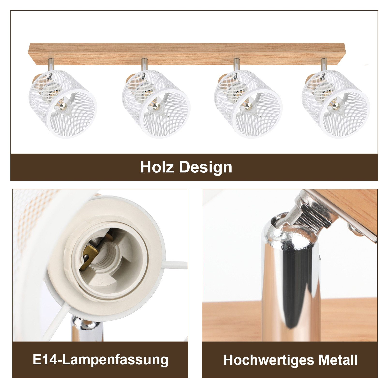 Oprawa oświetleniowa z czterema reflektorami, drewnianą belką oraz zbliżeniami żarówki i metalu.