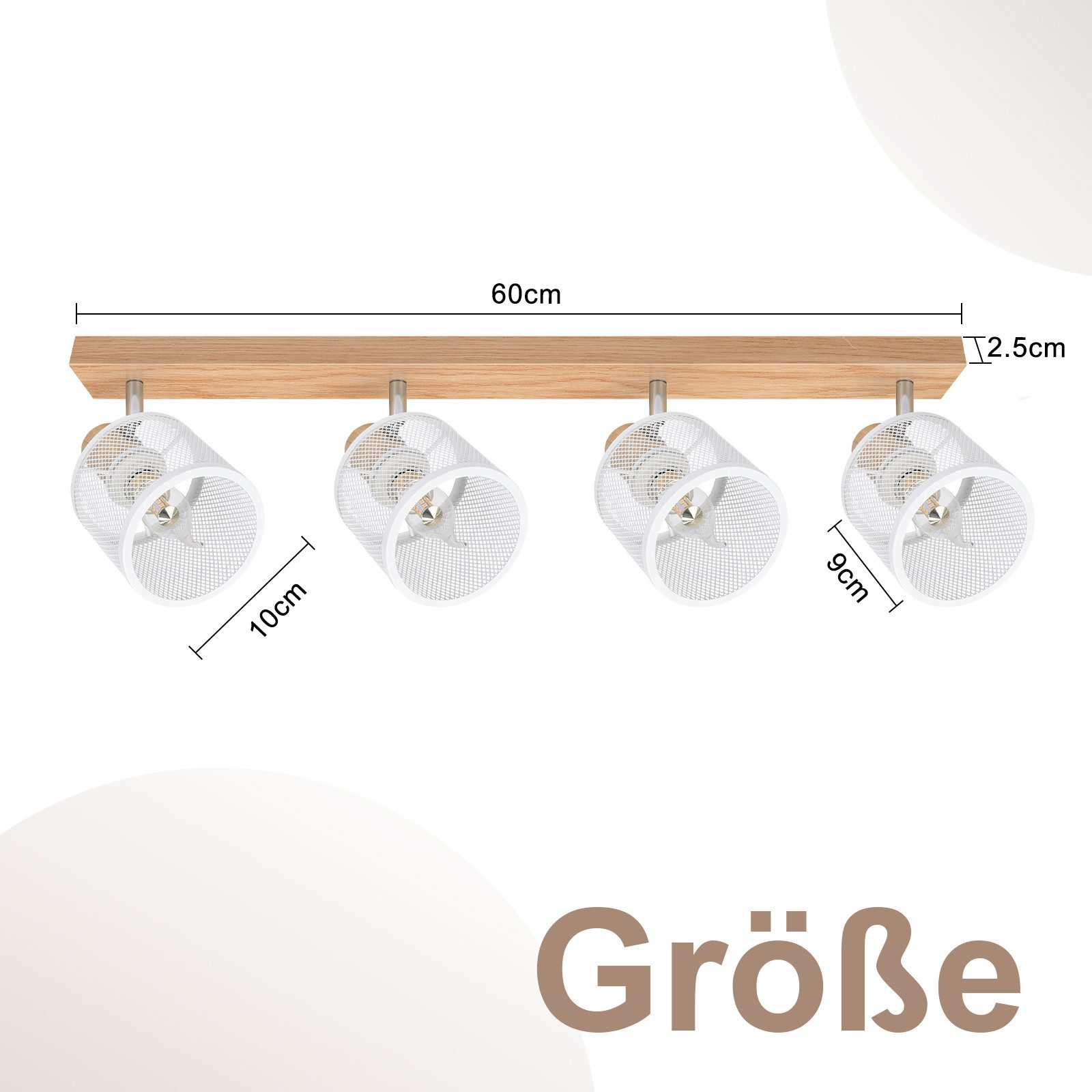 Drewniana belka z czterema białymi lampami z wymiarami, oznaczona słowem 'Größe'.