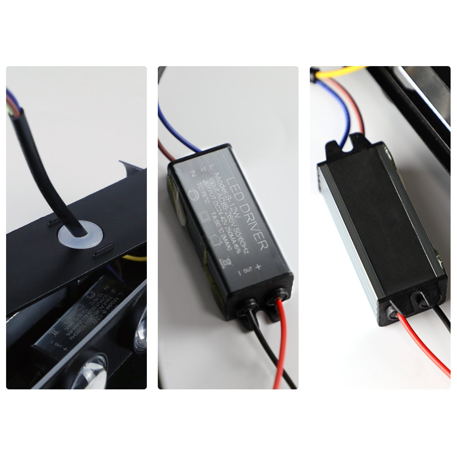 Primo piano di componenti elettronici: driver LED, fili e alloggiamento nero.