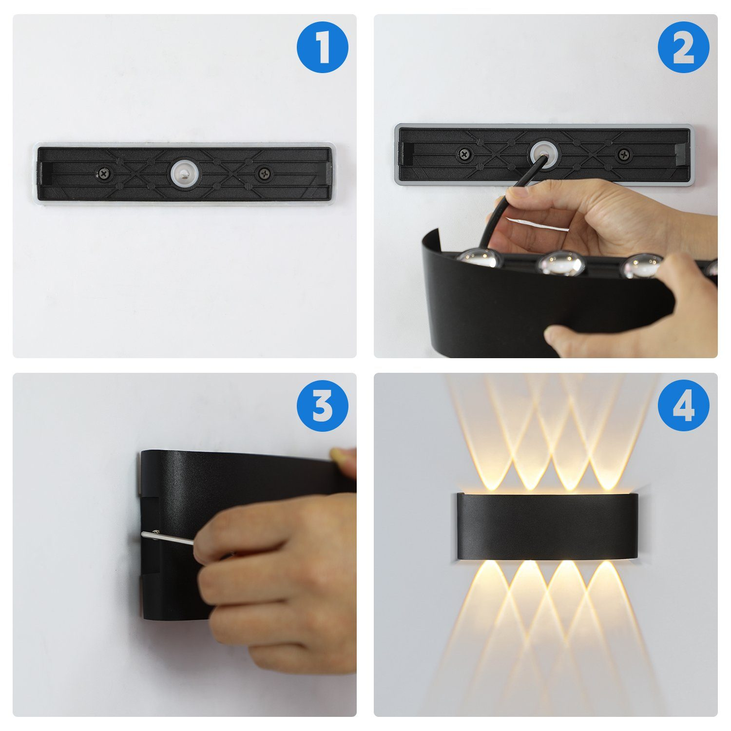 Pasos para instalar una lámpara de pared negra, mostrando la placa de montaje y el cableado.
