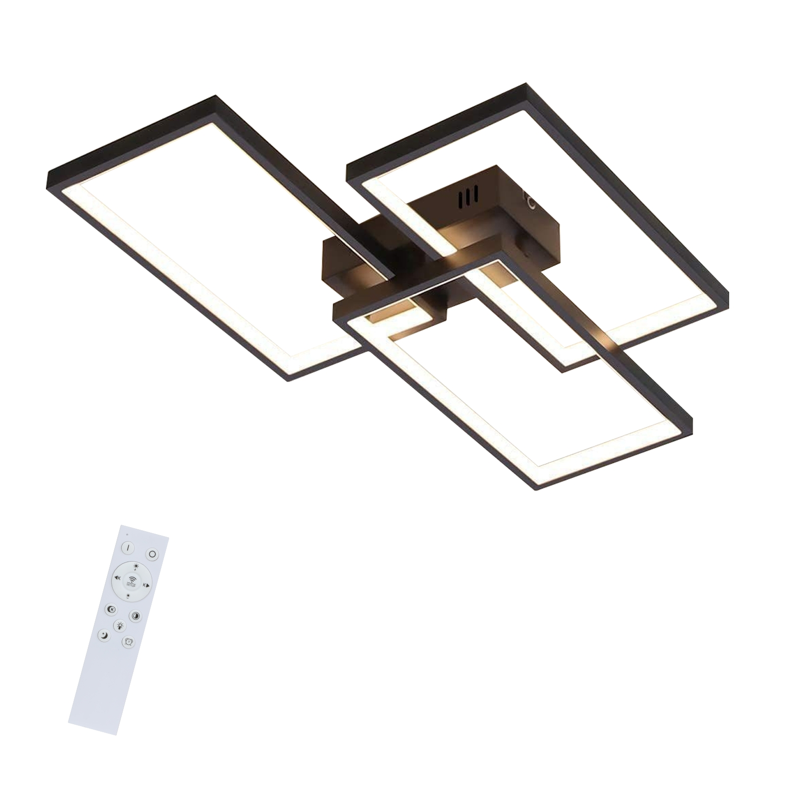 Lampada da soffitto geometrica con tre pannelli rettangolari, telecomando.