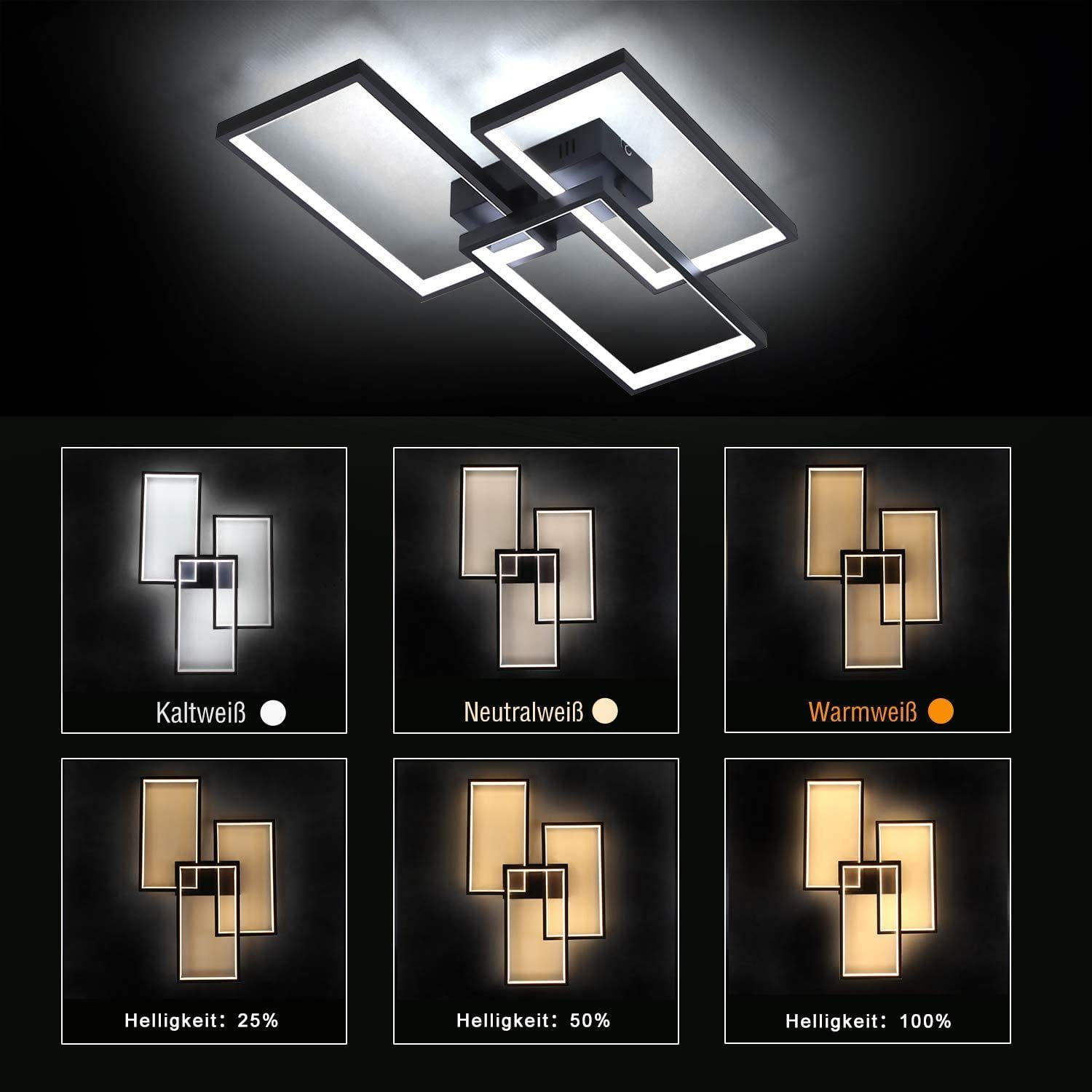 Una plafoniera con tre apparecchi di illuminazione rettangolari, con diverse opzioni di colore della luce.