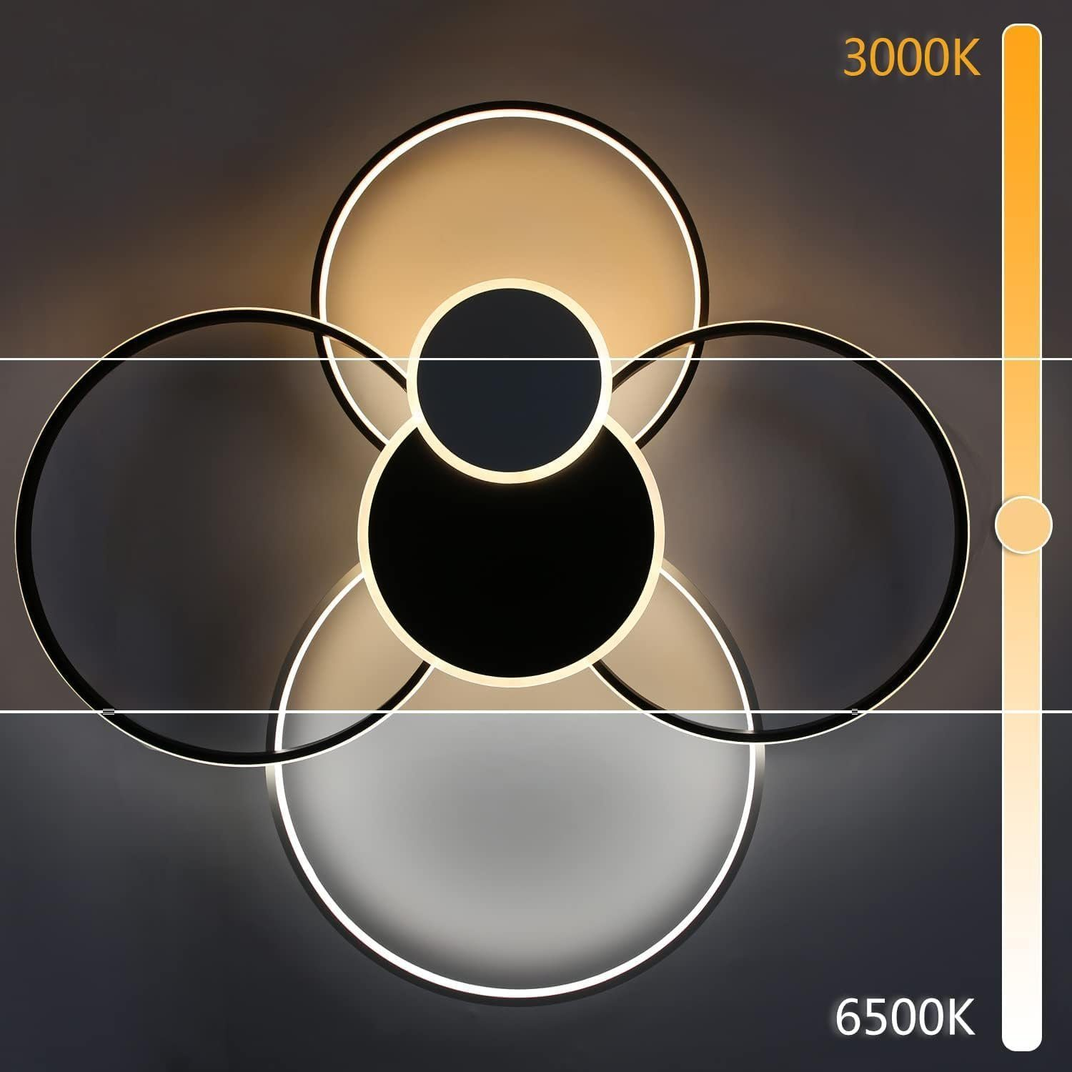 Nowoczesna lampa sufitowa z regulowanymi ustawieniami temperatury barwowej, od 3000K do 6500K.