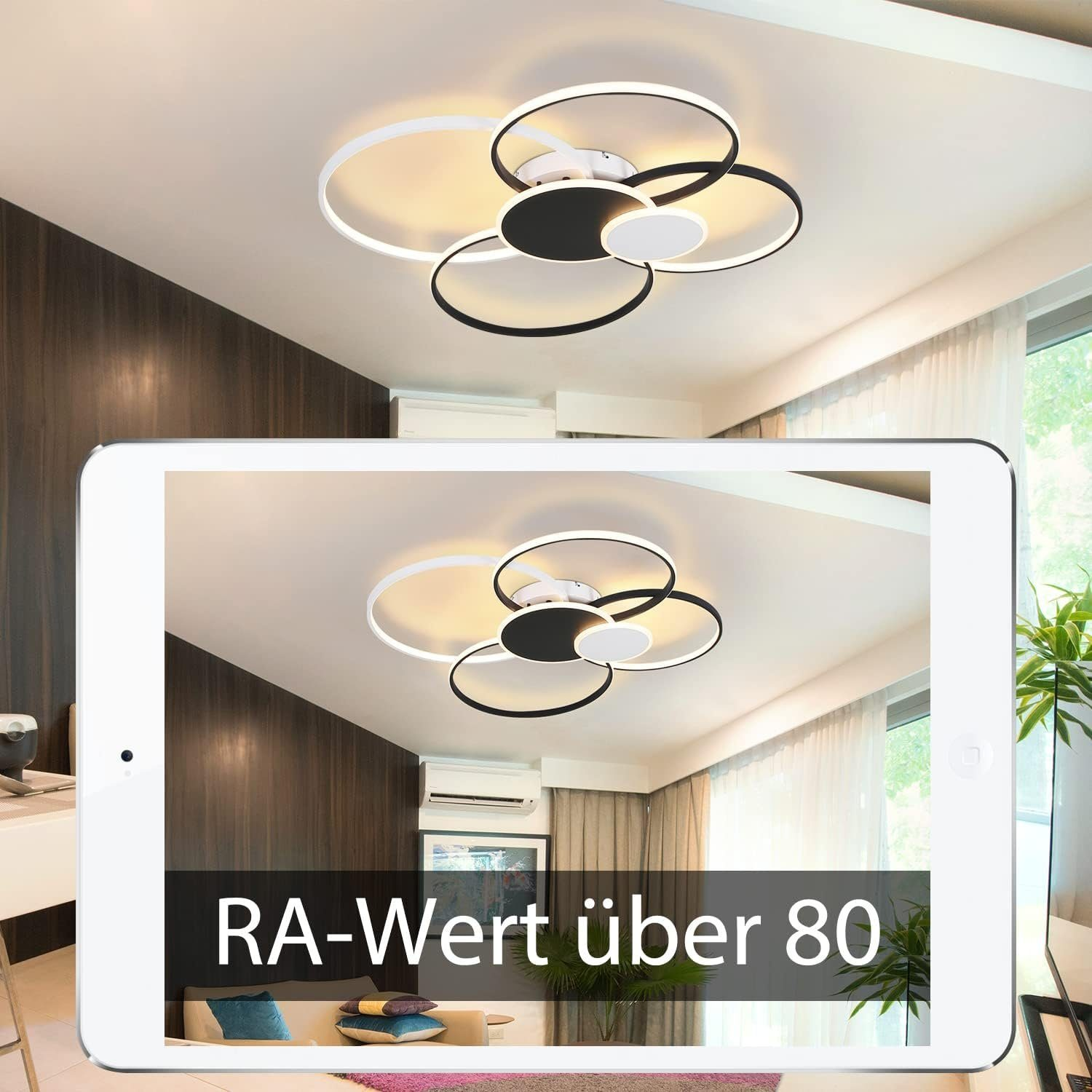 Lampa sufitowa z czterema okrągłymi światłami. Tablet pokazujący to samo urządzenie. Tekst: RA<gt/>80.
