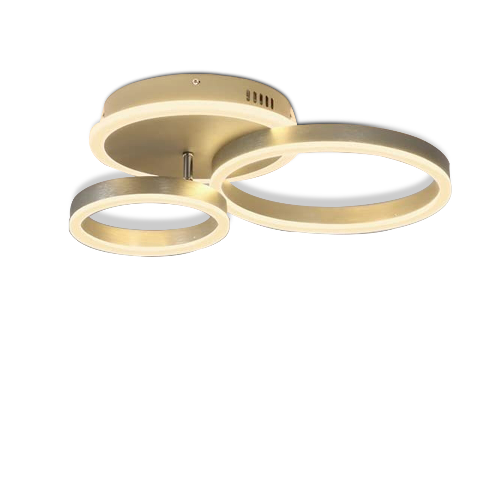 Nowoczesna lampa sufitowa z trzema okrągłymi światłami, w kolorach srebrnym i białym, na białym tle.