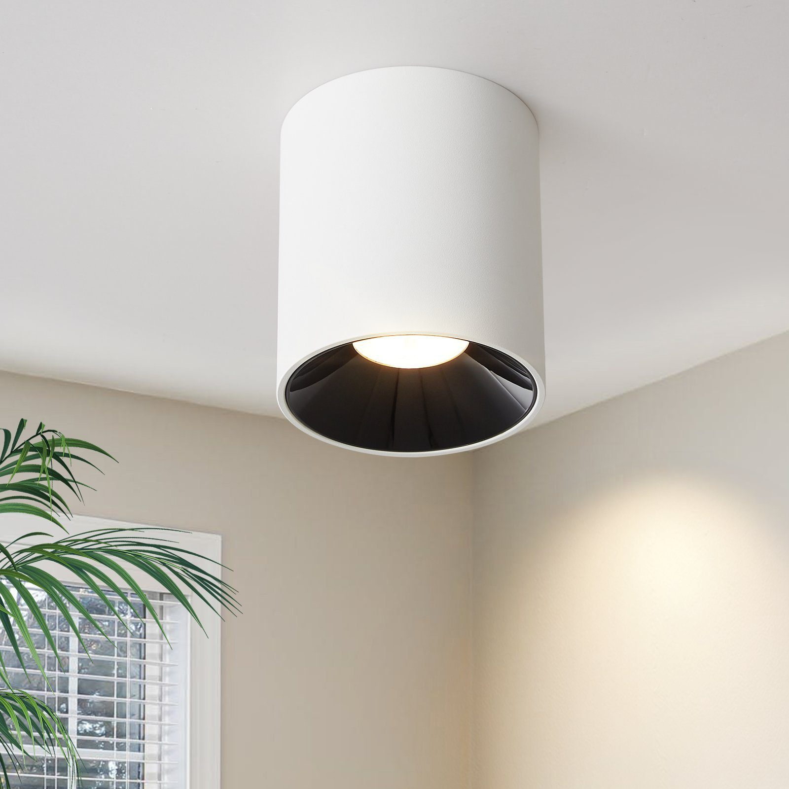 Una lámpara de techo cilíndrica blanca con interior negro. Una planta verde en el fondo.