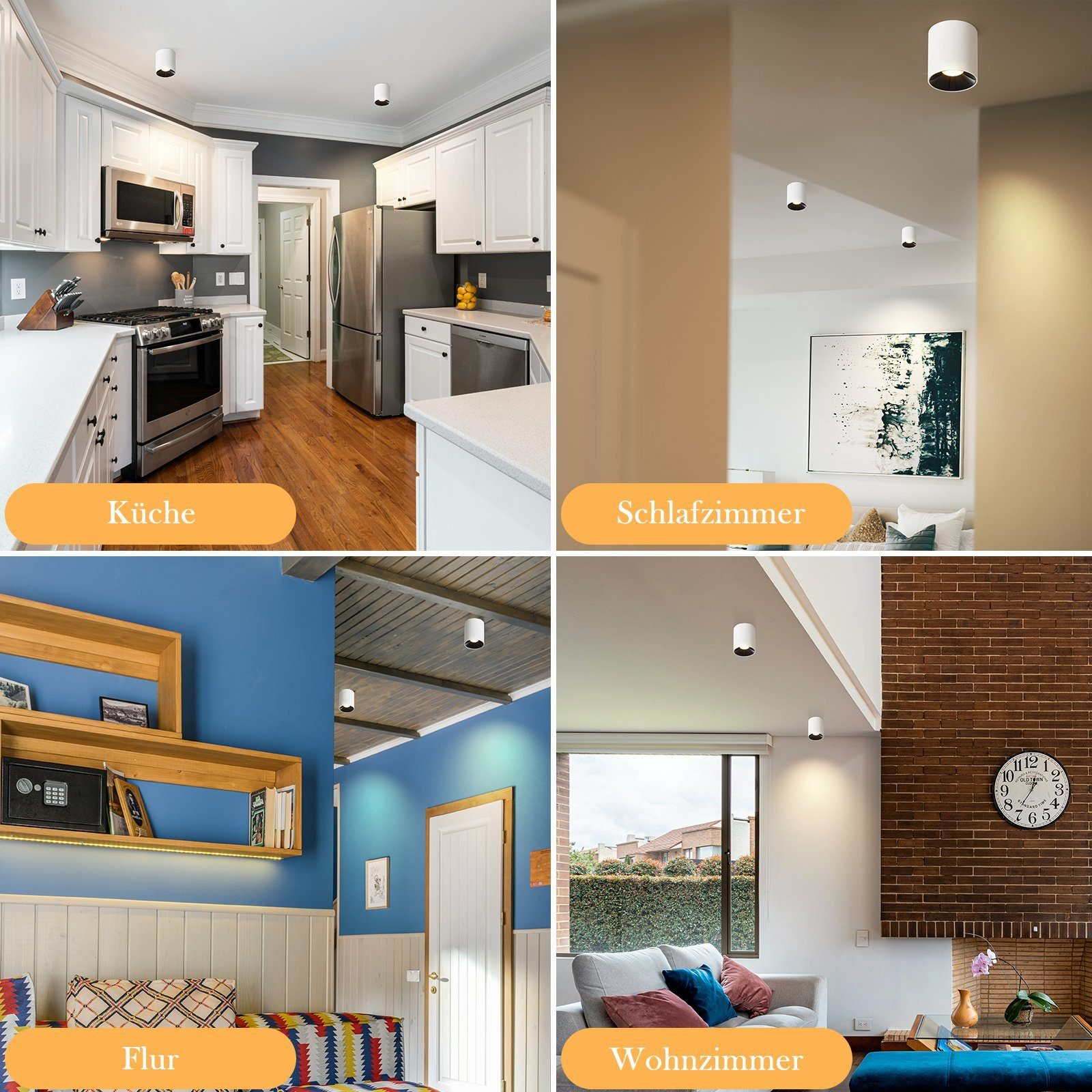 Cuatro imágenes que muestran luces de techo en diferentes habitaciones: cocina, dormitorio, pasillo y sala de estar.