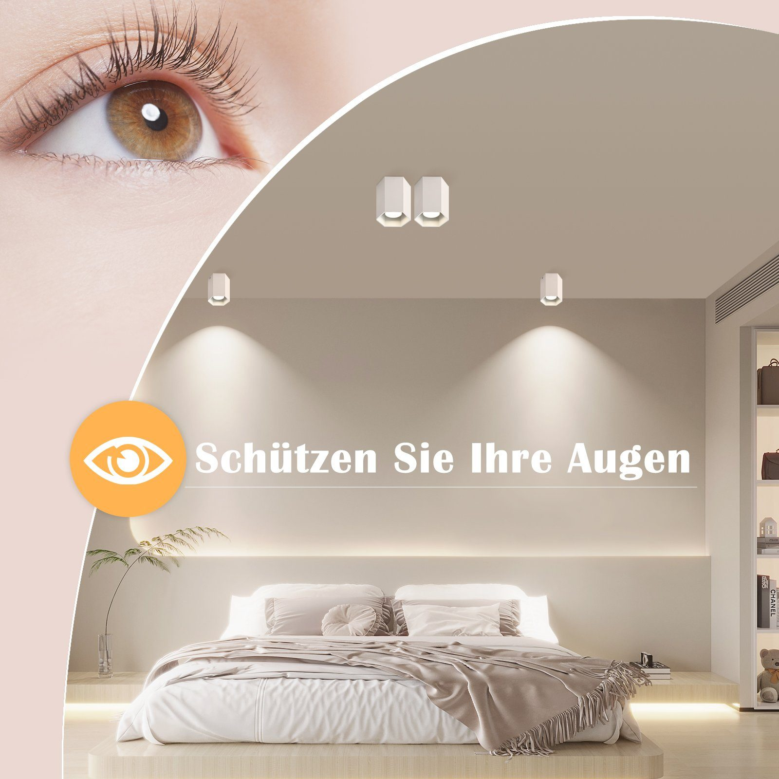 Scena della camera da letto con grafica dell'occhio e testo: Proteggi i tuoi occhi.